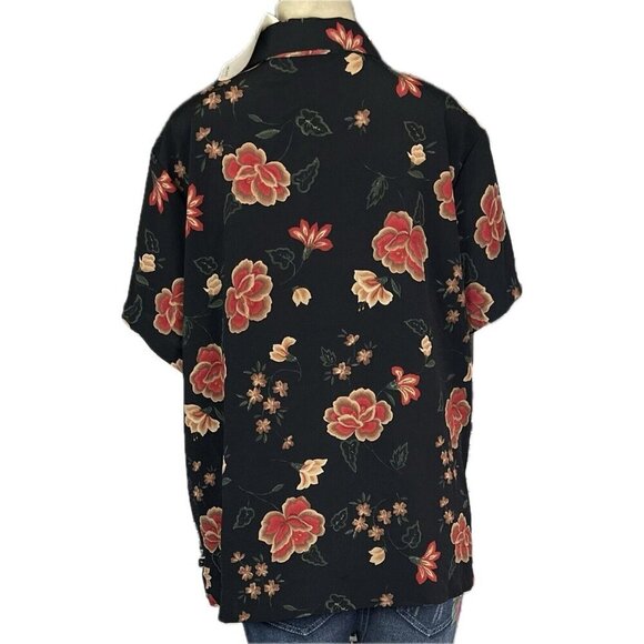 Claudia Richard +22W Black Floral Button Down Front Collar Short Sleeve Blouse - Picture 4 of 6